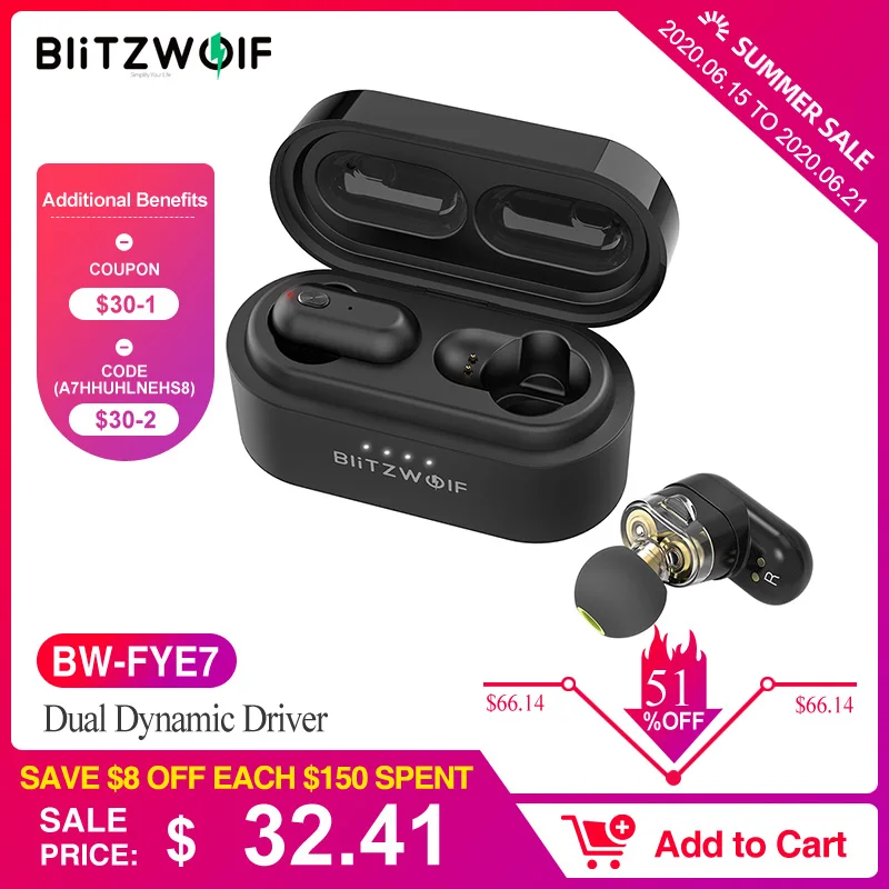Funcionando sem Fio Fone de Ouvido Fones de Ouvido Fones de Ouvido sem Driver Dinâmico Duplo] Blitzwolf Fye7 Tws Bluetooth 5.0 Esporte Intra-auricular Baixo Estéreo Bilateral Hi-fi Música Verdadeiros sem bw