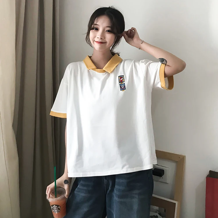 

Summer 2020 Academy Style Short Sleeve T-shirt Female Color Patchwork Women Polo Collar Preppy Student Tees Tops Camisetas Mujer