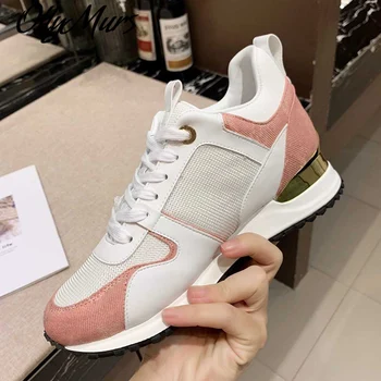 

Patchwork Mesh Women Trainers Pink White Lace Up Casual Shoes Fashion Sneakers Plus Size Couple Shoes