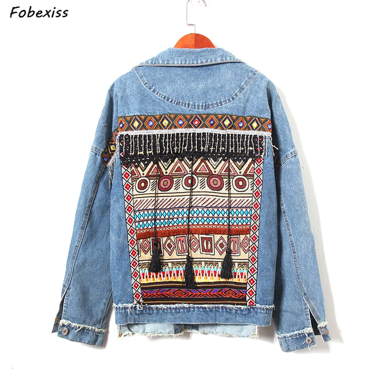 

Oversized Jean Jacket Woman Fall 2019 Gypsy Loose Blue Fringe Denim Jacket Ethnic Irregular Embroidery Streetwear Women Jacket