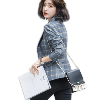 

Autumn Winter Comfortable High-quality Plaid Jacket with Pocket Office Lady Casual Style Blazer Women Single Button Coat B673