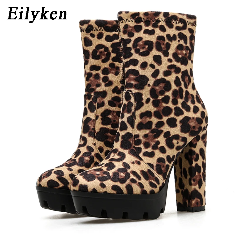 EilyKen/коричневые ботинки ручной работы на высоком квадратном массивном каблуке; ботильоны на платформе с леопардовым принтом и боковой молнией; модельная Женская обувь в деловом стиле