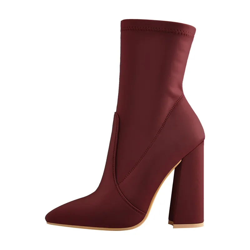 

Richealnana Pointed Toe Wine Black Minimalistic Stretch Chunky Block High Heels Size Zipper Thick Ankle Booties