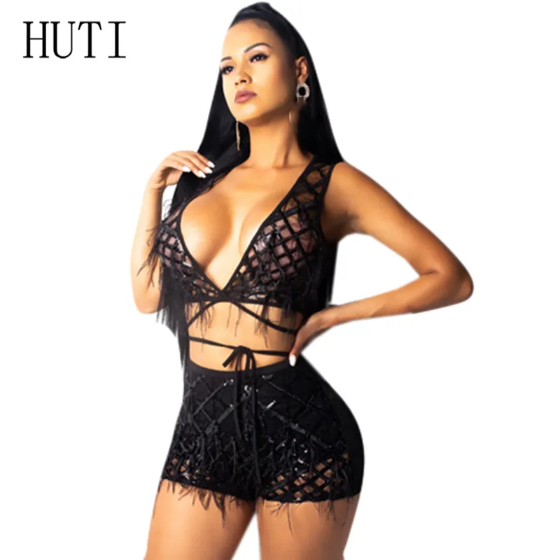 

HUTI V Neck Two Pieces Sets Bodycon Short Romper Sexy Sleeveless Perspective Plaid Sequin Slim Jumpsuits Sexy Club Bandage Wear