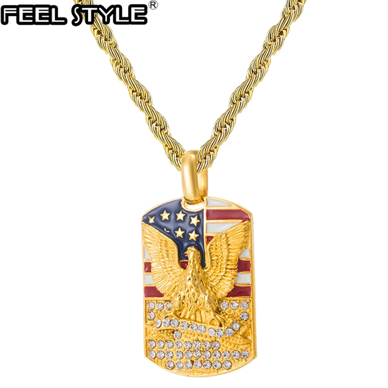 Iced Out Bling американский флаг с орлом проложили страз из нержавеющей стали ожерелье