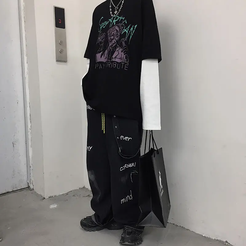 Woherb Harajuku, модные женские и мужские топы с длинным рукавом, новинка, одежда, панк, Череп, принт, Поддельные 2 предмета, свободные футболки, повседневная футболка