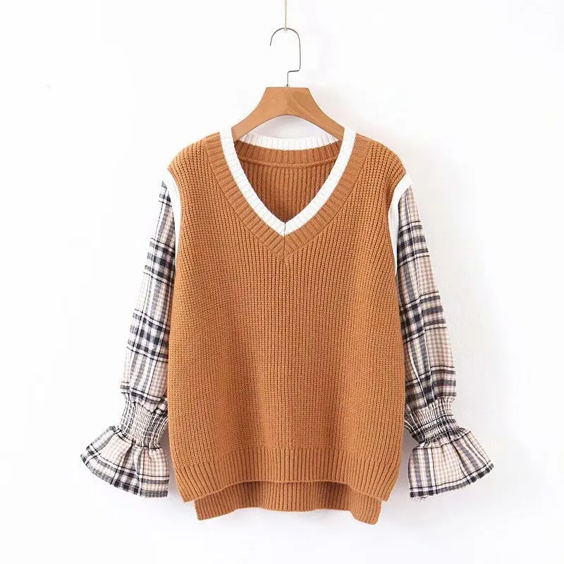 

Women Clothes 2019 Autumn and Winter Clothes Women V-neck Plaid Stitching Pullover Sweater Female Sweater Women