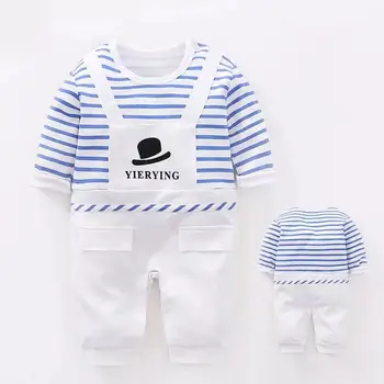 

Newborn Baby Boy Romper Infant onesie fake two piece stripe jumpsuit 1st birthday Party Costume sister brother twins clothes