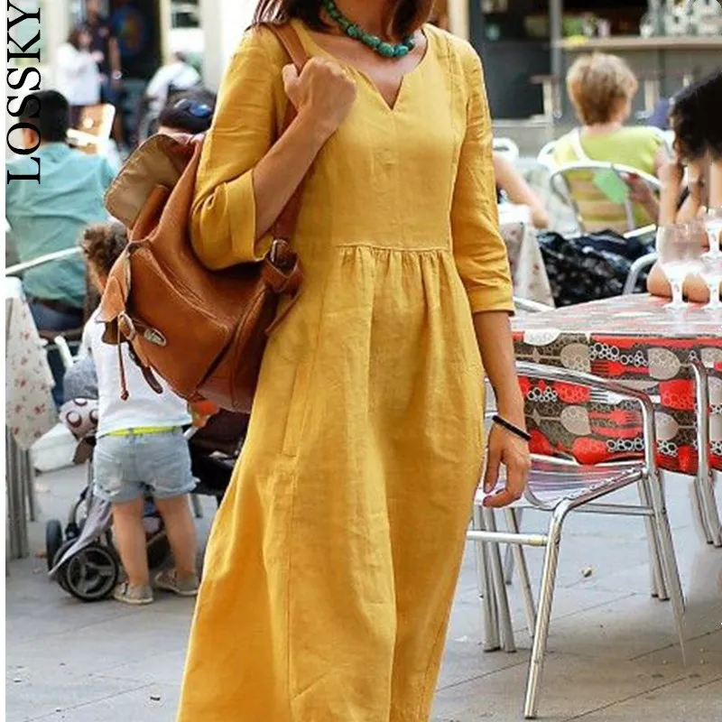 

LOSSKY Women Autumn Casual Solid Midi Dress V Neck 3/4 Sleeve Loose Basic Work OL Shirt Dresses Robe Vestido Plus Size Dress