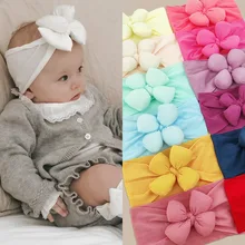 

0-8T Soft Nylon Flower Bow Baby Headband Girls Super Cute Solid Color Bowknot Headwrap Elastic Hair Band Baby Nylon Bow Turban