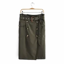 QZ990 Европейский дизайн двубортные пояса тонкая талия карманы деко Высокая талия тонкая талия юбка армейский зеленый шик Saias