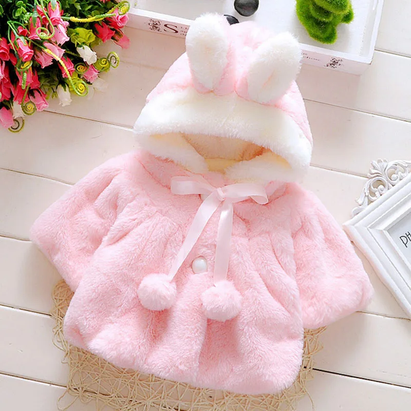 Зимнее теплое меховое пальто с заячьими ушками для новорожденных девочек, куртка-плащ, зимний комбинезон, верхняя одежда, повседневная одежда с капюшоном для маленьких девочек - Цвет: Pink