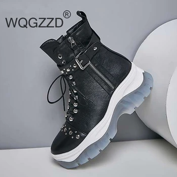 

Bottes femme winter shoes women's boots genuine leather metal rivets thick bottom round toe cozy preppy style mid-calf boots