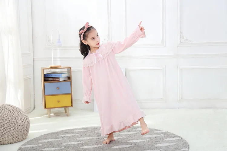 Vestido para Meninas Primavera Meninas Camisola Rosa Flanela Longo Noite Europeu Solto Macio Crianças Pijamas Rendas Homewear 2 Conjuntos de pijama