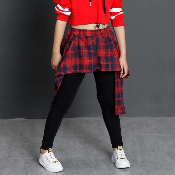 red grid culottes Детская одежда в стиле хип-хоп; укороченная толстовка с капюшоном; рубашка; топы; повседневные штаны для девочек; танцевальный костюм; одежда для бальных танцев - Цвет: red grid culottes