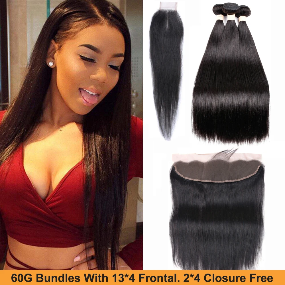 

Sapphire Peruvian Straight Hair Remy Human Hair Bundles With 13*4 Frontal 2*4 Lace Closure Weave Bundles With 2PCS Closure