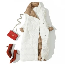 

Women Double Side Long Jacket Winter Ultra Light White Duck Down Parka Breasted Plus Size 3xl Female Outwear