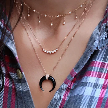 

New Vintage Fashion Multilevel Gold Necklaces For Women Black Moon Horn Crystal Pendant Necklace 2020 Female Boho Jewelry Gift