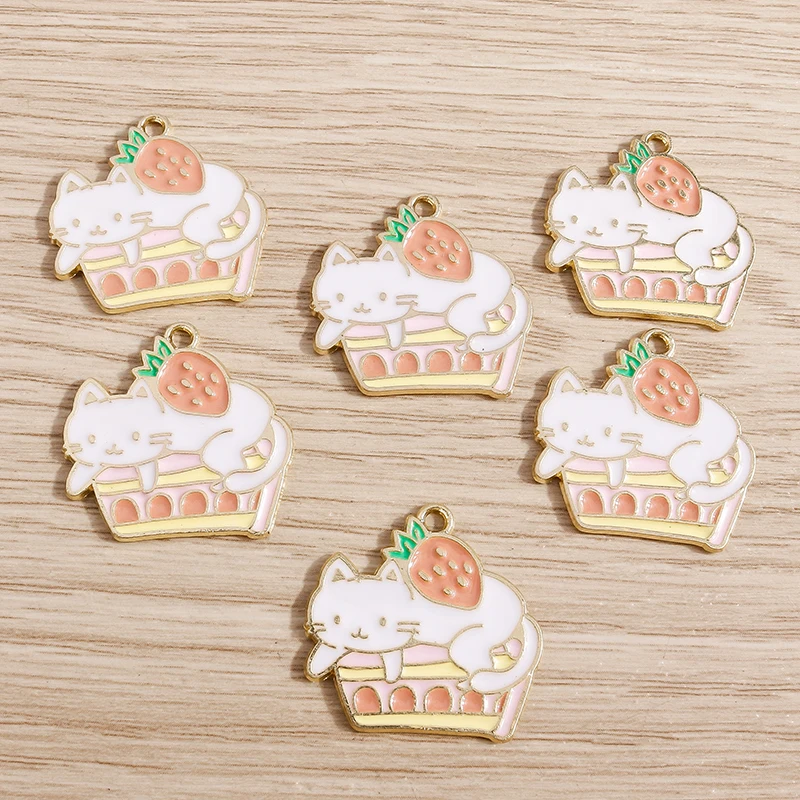 10pcs 25*25mm Cute Enamel Cat Charms for Jewelry Making Alloy Fruit Strawberry Charms for Necklaces Earrings Pendants DIY Crafts