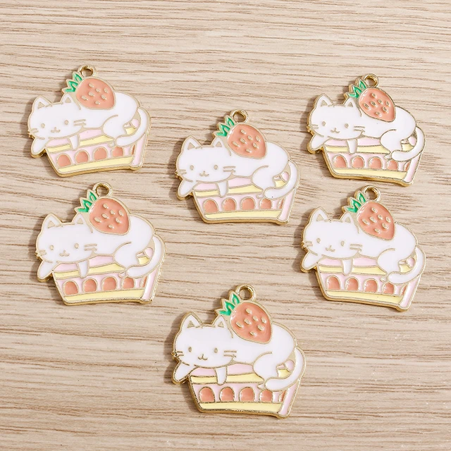 10pcs 25*25mm Cute Enamel Cat Charms for Jewelry Making Alloy Fruit Strawberry Charms for Necklaces Earrings Pendants DIY Crafts as picture shows