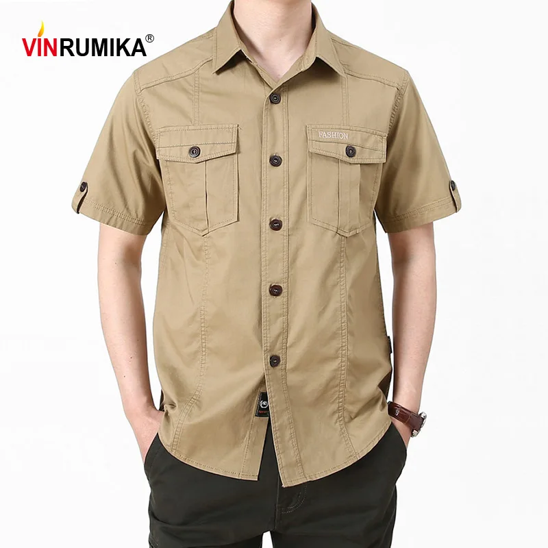 

Large Size M-6XL 2022 Summer Men's Casual Army Green Short Sleeve Shirt Man 100% Cotton Khaki Loose Shirts Male Black Blue Tops