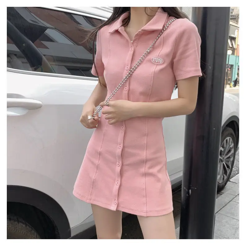 Korean Simple Sweet Polo Shirt Button Pure Color Powder Blue Short Sleeve Mini Dress Women High Waist Skinny Evening Party girl sexy dress