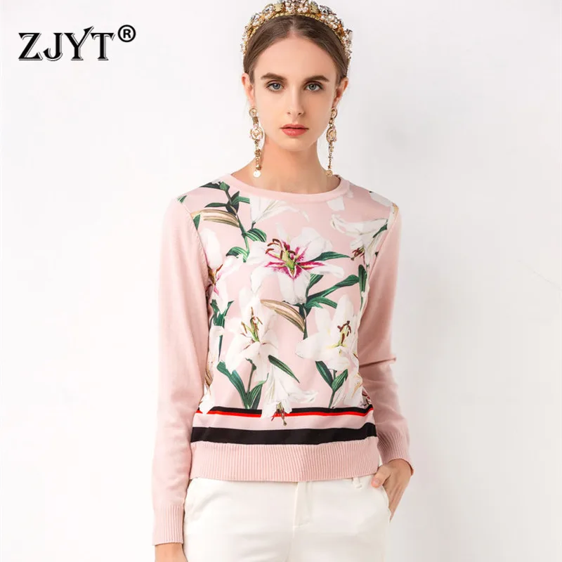 

New Fashion Runway Designer Fall Winter Pullovers and Sweaters Women Long Sleeve Floral Print Sweet Knitting Tops Plus Size