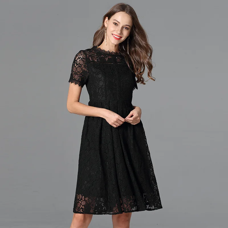 

2018 Summer New Style WOMEN'S Dress Sweet Ladies' Waist Hugging Slimming Short Sleeve Lace Dress Women's Elegant A- line Skirt S