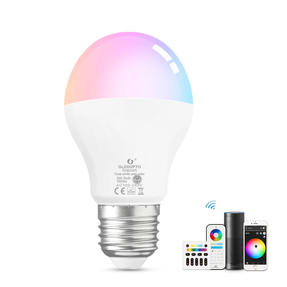 GLEDOPTO ZigBee samrt светодиодный лампочка 2 упаковки изменение цвета(RGB+ CCT) e27 E26 6 Вт цветная лампочка совместима с Amazon Alexa, zigbee hub