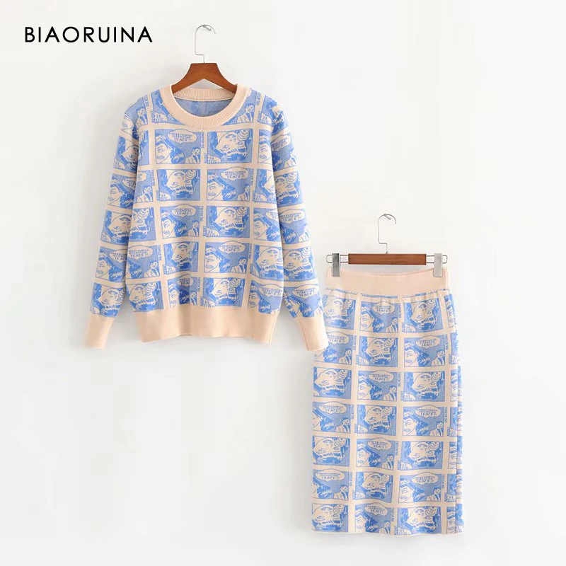 

BIAORUINA Women's Character Jacquard Casual Knit Two Pieces Set Cartoon Basic Sweater Pullover + Fashion Straight Knit Skirt