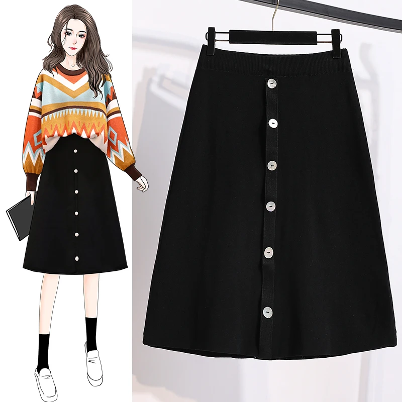 

Black Knitted Midi Elegant High-Waisted Women'S Spring Autumn Winter Skirts Korean Style Fashion 2022 Harajuku Clothes Kawaii