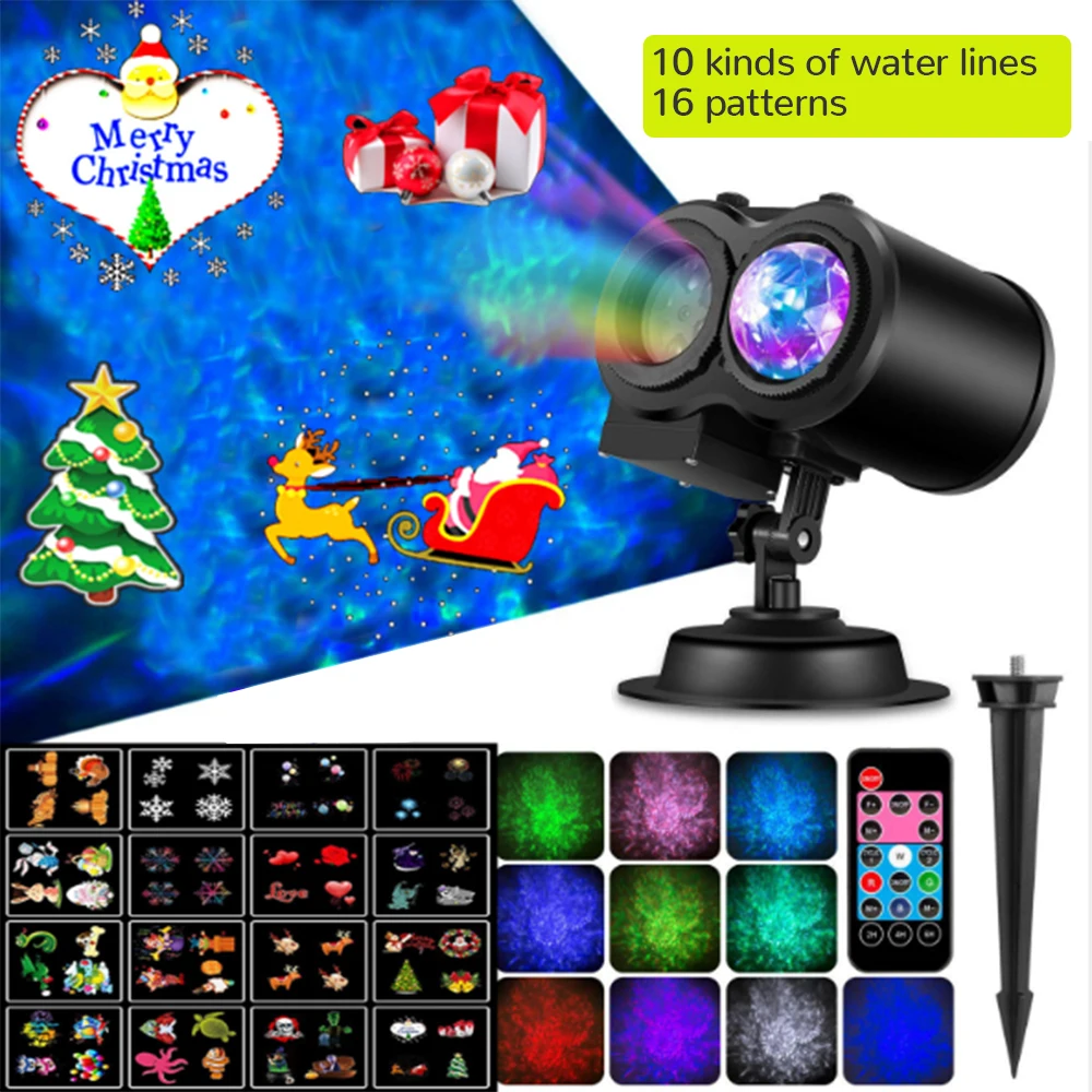 

2-in-1 Water Wave Projector Light with 12/16 Slides Patterns Outdoor Indoor Xmas Party Decoration UK/US/EU/AU Plug