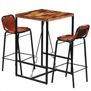 

Bar Set 3 Pieces Solid Reclaimed Wood and Genuine Goat Leather Bar Furniture Set Classic Design Dining Room Furniture Bar Set