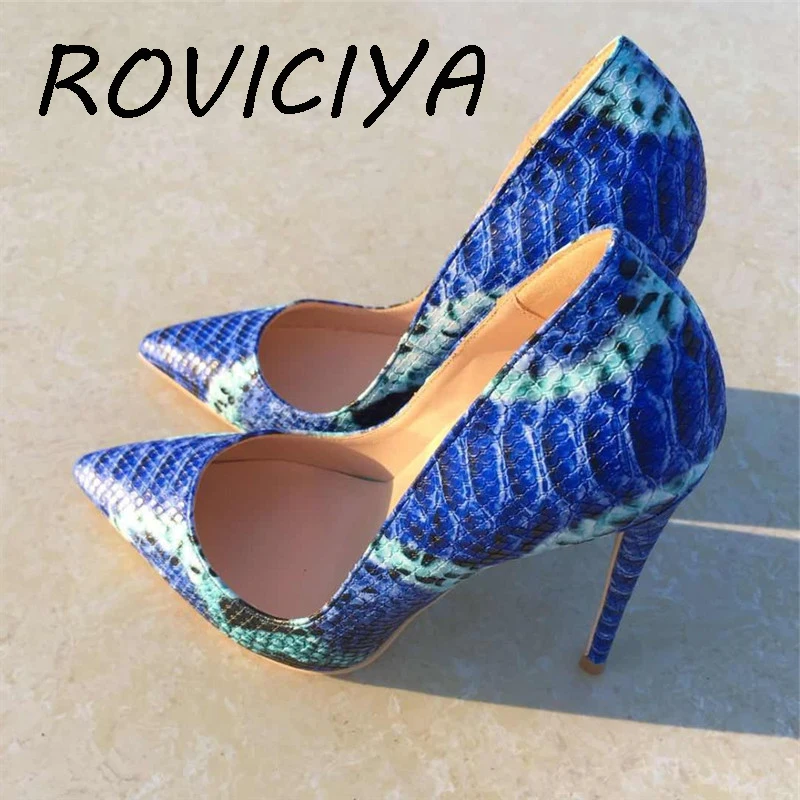 

12 cm high heel shoes snake printing women shoes pumps party wedding shoes brown green blue plus size YG014 ROVICIYA
