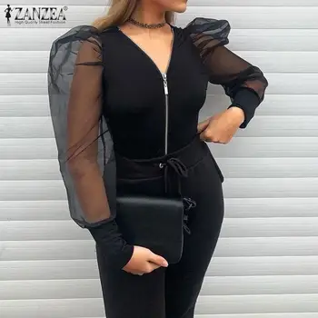 

ZANZEA Fashion Women V neck Puff Sleeve Blouse Summer Mesh Tops Sexy Zipper Slim Blusas Casual Shirt Black Top Club Steetwear