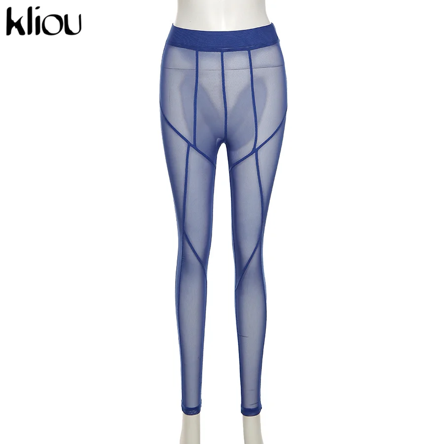 Kliou Mesh See Through Pants Women 2021 Hot Sexy High Waist Patchwork Sheer Leggings Body-shaping Baddie Style Skinny Trousers honeycomb leggings