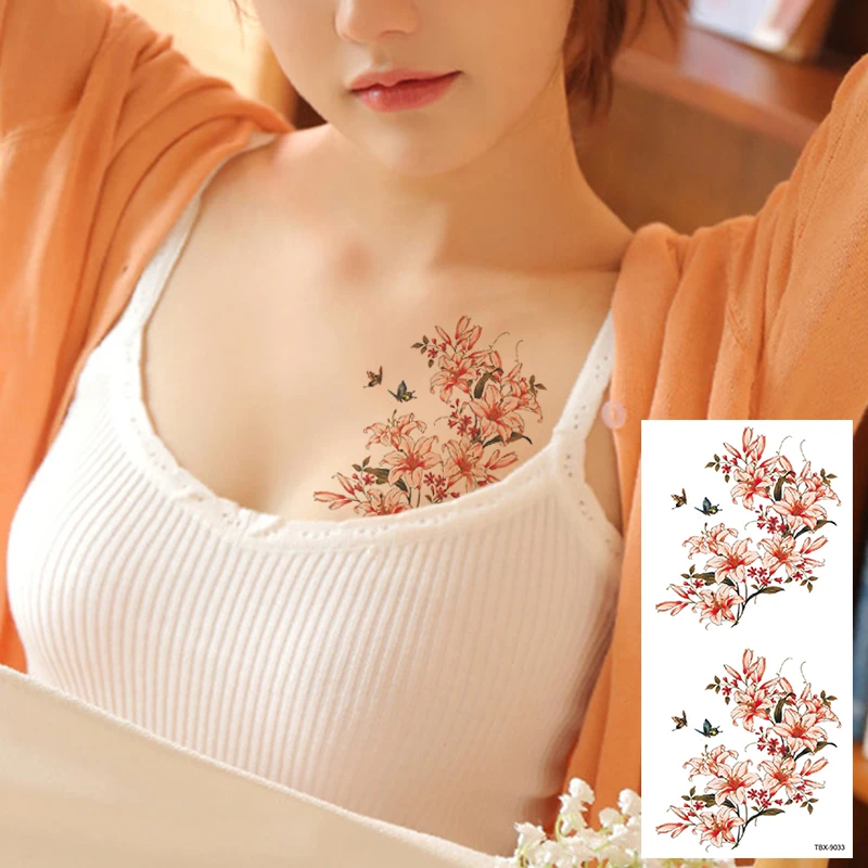 

Sexy Pendants Red Flower Tattoo Sticker Women Chest Bracelet Waterproof Tatoo MakeupTemporary Tattoo Under Breast Shoulder DIY