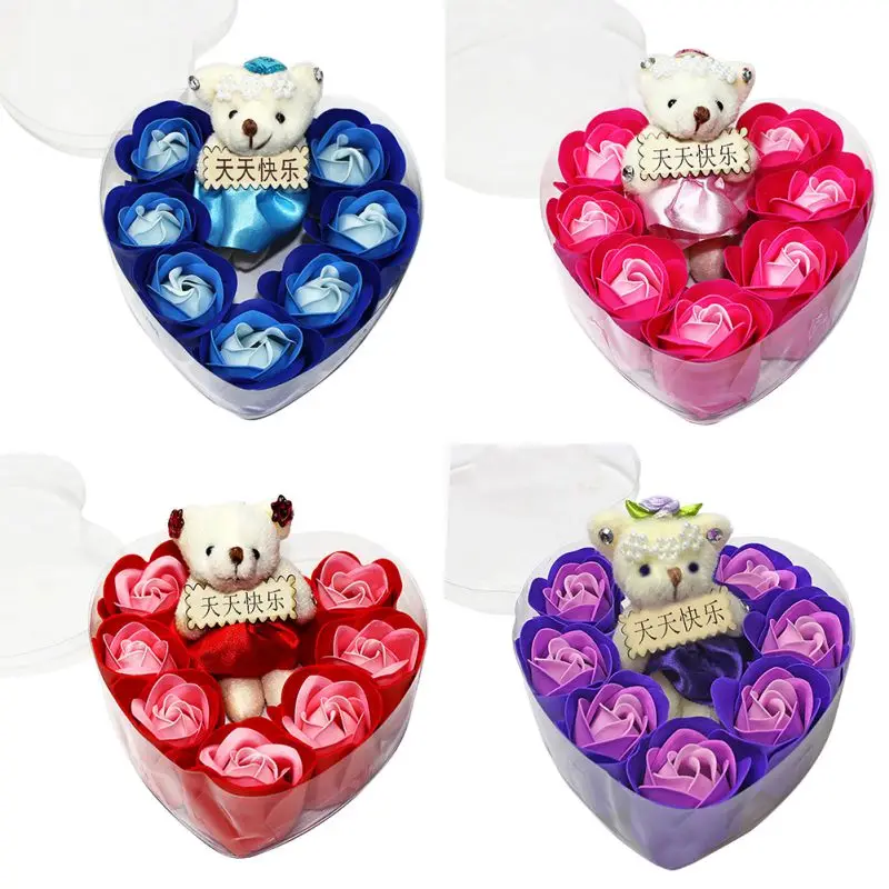 Valentines Day Gift Red Rose Teddy Bear Rose Flower Artificial Decoration Christmas Gifts For Girl Women Valentines Soap Gift