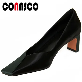 

CONASCO 2020 Classic Design Fashion Concise Woman Pumps Genuine Leather Spring Summer Casual Square Toe High Heels Shoes Woman