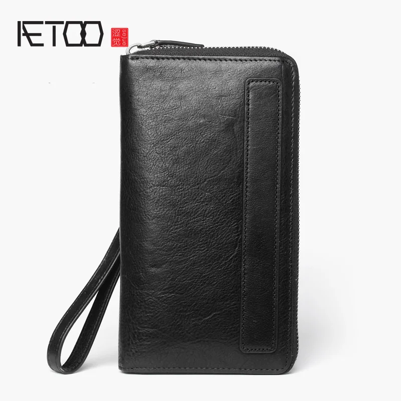 

AETOO Men's long leather wallet, vintage leather small handbag, large-capacity multi-card zip pertonal wallet