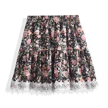 

Bohemian Floral Print Woman Chiffon Skirts Elastic High Waist Lace Summer Skirt 2020 Ladies Short Mini Skirt