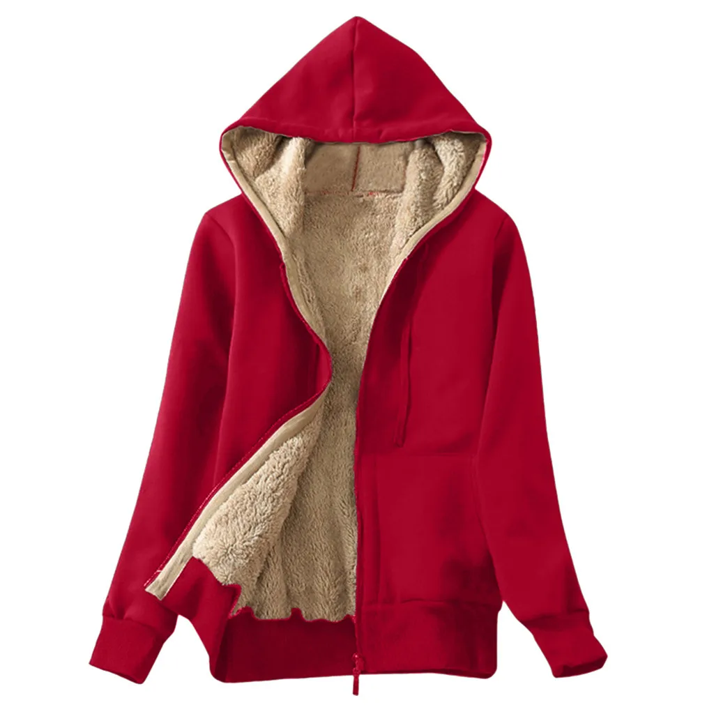 Женская куртка, пальто, модная толстовка с капюшоном, длинный рукав, зимняя куртка для женщин, однотонная, шерпа, подкладка, толстая парка, на молнии, пальто, одежда#3 - Цвет: Красный