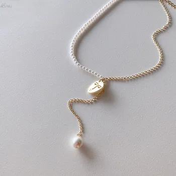 

AOMU 2020 Korea Retro Metal Temperament Necklace Face Design Pearl Choker Chain Asymmetric Necklace for Women Jewelry