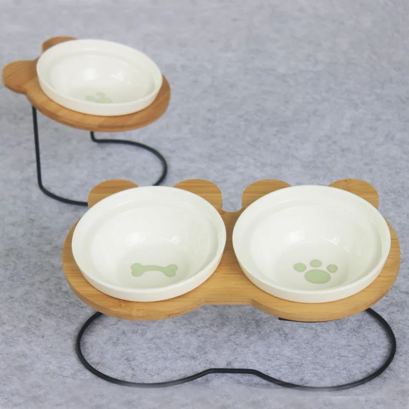 Comprar Nuevo cuenco de alta gama para mascotas, estante de bambú, cuencos de cerámica para alimentar y beber para perros y gatos, accesorios para comedero de mascotas
