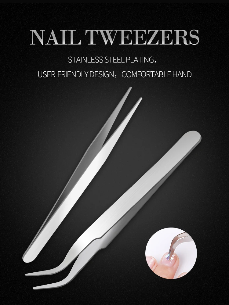 Stainless Steel Straight Curved Bend Nail Art Tweezers Nipper Nail Rhinestones Decoration Rivets Picking Tool Eyelash Tweezers