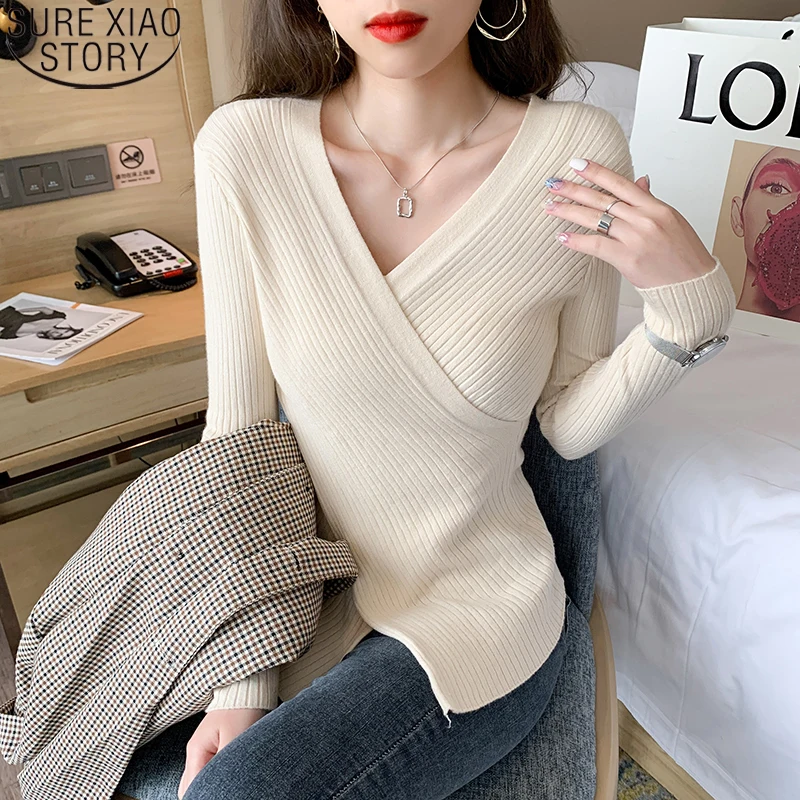 

Women Fashion Cross V-neck Sweaters 2022 New Autumn Winther Clothes Long Sleeve Tops Knitted Sweater Slim Sweaters Women 16265