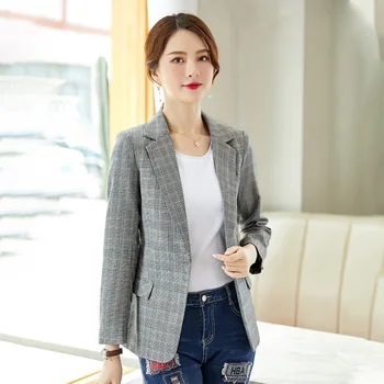 

2019 Autumn Small Suit Coat Female Loose Lady Slim Fit Grid Suit Top