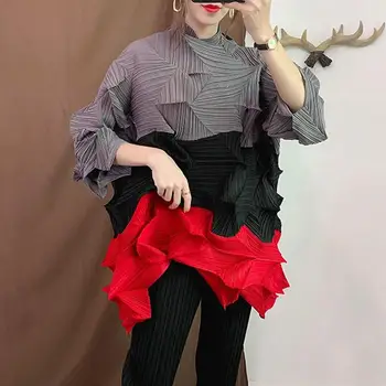 

Green Contrast Stand Collar Cropped Sleeve Pleated Plus Woman Long T-Shirts Patchwork Casual Simple Fashion 2019 Autumn New