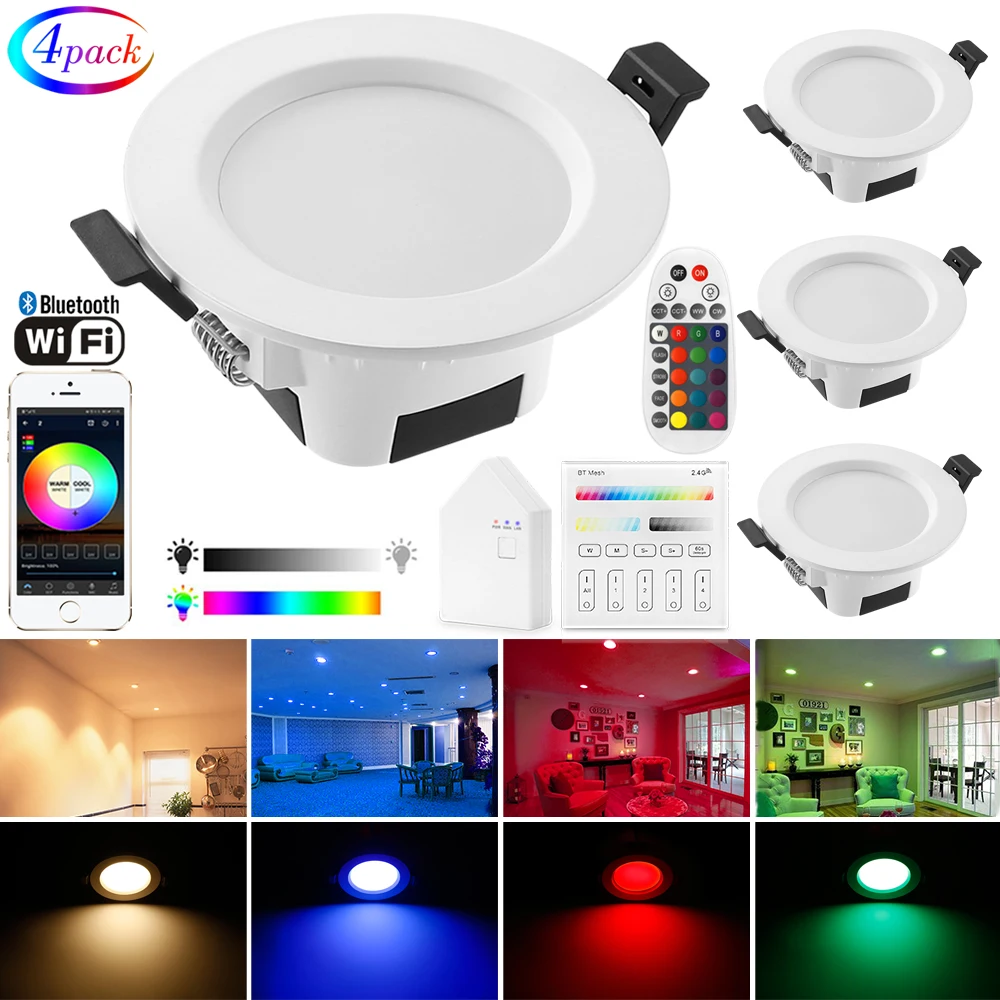 

4X 9W RGB Warm Cool White 3in1 LED Ceiling Lamp Panel Down Light WIFI/Bluetooth Wall Touch/APP/Music Controller Timer Dimmer