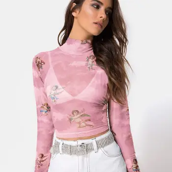 

Women T Shirt See-through Transparent Mesh Sheer Long Sleeve Turtleneck Angel Print T-Shirt Casual Female Tee Top Streetwear